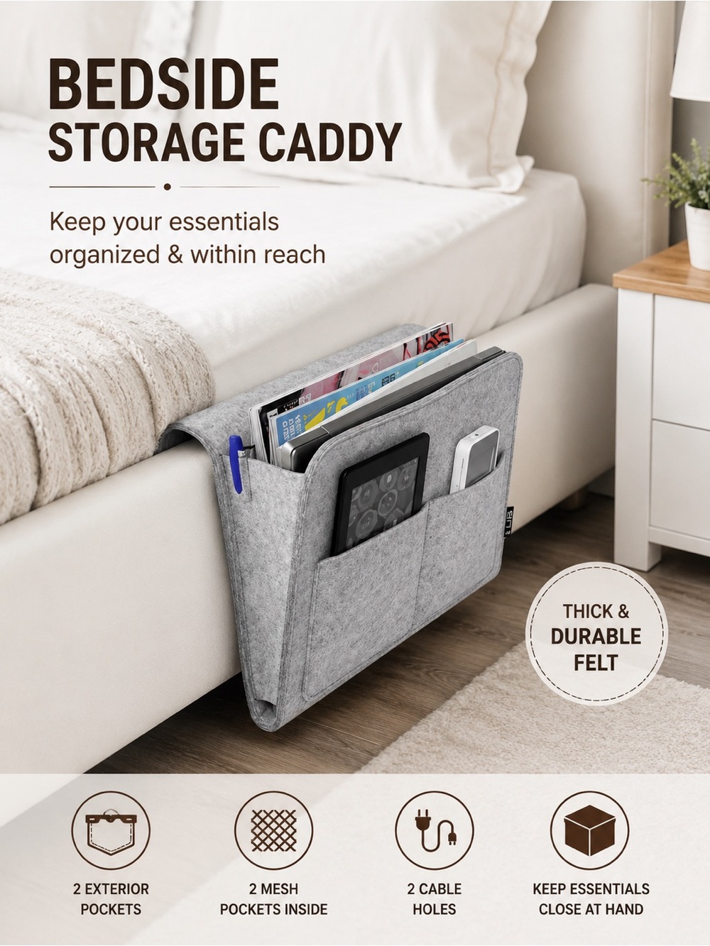 Lib Felt Bedside/Sofa Storage Caddy |Hanging Bed Pocket | Dorm | Laptop Holder